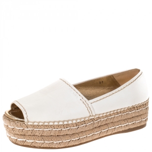 Pre Owned Prada Ivory Leather Open Toe Platform Espadrilles Size 37