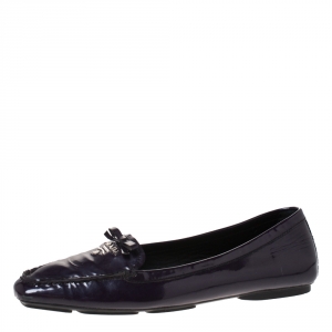 Pre Owned Prada Purple Patent Leather Bow Loafer Ballet Flats Size 38
