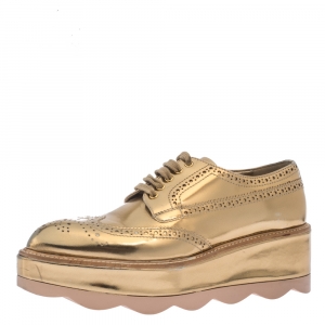 Prada Metallic Gold Brogue Leather Wave Wingtip Platform Derby Sneakers Size 37.5