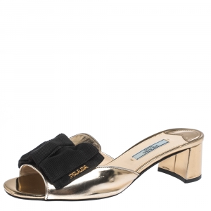 Prada Metallic Gold Leather With Black Grosgrain Bow Open Toe Sandals Size 36