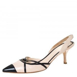 Pre Owned Prada Beige/Black Leather Slingback Pointed Toe Sandals Size 40