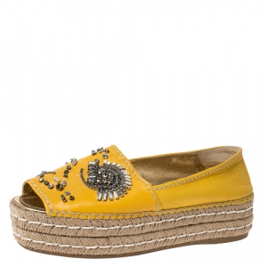 Pre Owned Prada Yellow Leather Crystal Embellished Peep Toe Platform Flat Espadrilles Size 40