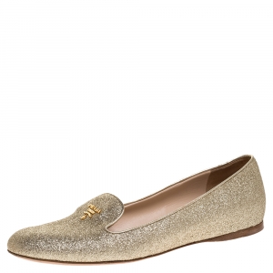 Pre Owned Prada Gold Glitter Smoking Slippers Size 38