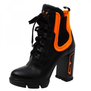 Pre Owned Prada Black/Orange Leather and Neoprene Neon Detail Lace up Ankle Boots Size 38
