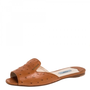 مملوكة مسبقًا Prada Brown Ostrich Flat Slide Sandals Size 39