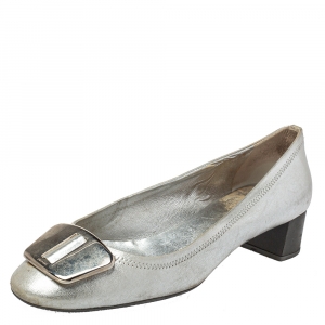 Pre Owned Prada Silver Leather Block Heel Buckle Pumps Size 40