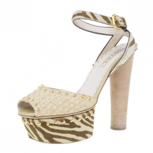 Pre Owned Prada Beige Raffia Ankle Strap Sandals Size 39
