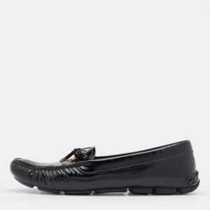 Pre Owned Prada Black Patent Leather Bow Slip On Loafers Size 38