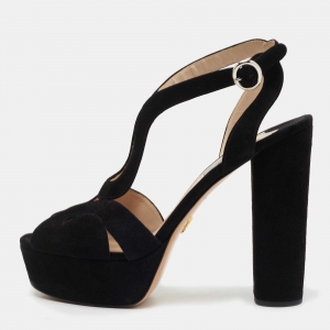 Prada Black Suede Block Heel Ankle Strap Sandals Size 41 