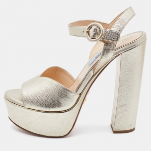 Prada Gold Leather Platform Block Heel Ankle Strap Sandals Size 38