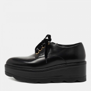 Prada Black Leather Lace Up Wedge Derby Sneakers Size 37.5  