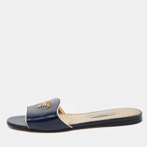 مملوكة مسبقًا Prada Navy Blue Vernice Saffiano Leather Flat Slides Size 37