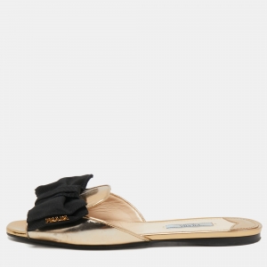 Prada Gold Leather Bow Slide Flats Size 37.5