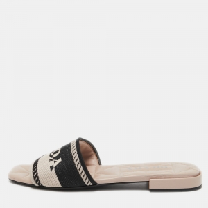 Prada Beige/Black Logo Print Canvas Flat Slides Size 38.5