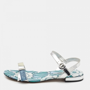 Prada Silver Leather Floral Print Ankle Strap Flat Sandals Size 38