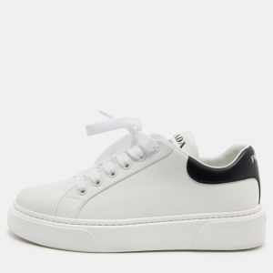 Pre Owned Prada White/Black Leather Macro Lace Up Sneakers Size 37