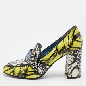 Prada Multicolor Print Patent Leather Block Heel Loafer Pumps Size 38