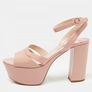 Prada  Blush Pink Patent Leather Ankle Strap Block Heel  Sandals Size 38.5
