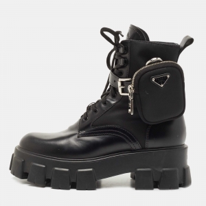 Prada Black Leather and Nylon Monolith Ankle Boots Size 39