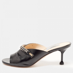 Prada Black Saffiano Patent Leather Crystals Embellished Bow Mules Size 38