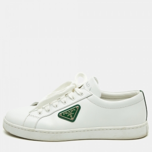 Prada White/Green Leather Lace Up Low Top Sneakers Size 39