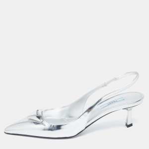 Prada Silver Leather Slingback Pumps Size 38