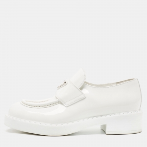Pre Owned Prada White Patent Leather Logo Plaque Loafers Size 37
