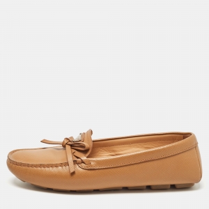 Pre Owned Prada Brown Saffiano Leather Slip On Loafers Size 38.5