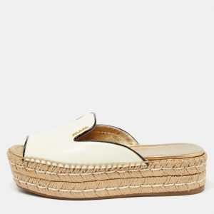 Pre Owned Prada Off White Patent Leather Espadrille Platform Slide Sandals Size 36.5