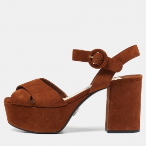 Prada Brown Suede Platform Block Heel Ankle Strap Sandals Size 36