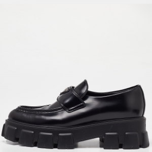 Pre Owned Prada Black Leather Monolith Logo Platform Loafers Size 39.5