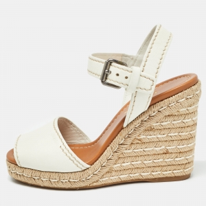 Pre Owned Prada White Leather Flaviana Wedge Sandals Size 38.5