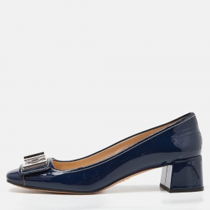 Prada Blue Patent Leather Buckle Square Toe Pumps Size 40.5