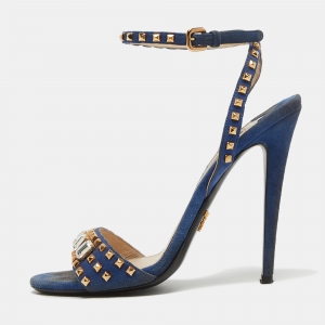 Prada Blue Suede Crystal Embellished Ankle Strap Sandals Size 38