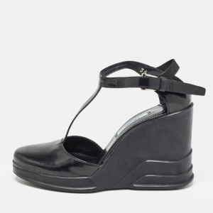 Prada Black Patent Leather T-Strap Wedge Sandals Size 36