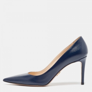 Prada Navy Blue Saffiano Vernice Leather Pointed Toe Pumps Size 40