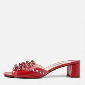 Prada Red Patent Leather Crystal Embellished Block Heel Slide Sandals Size 37