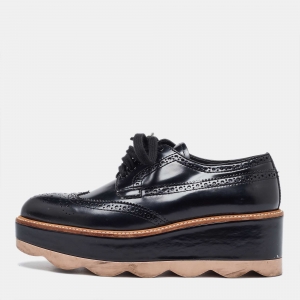 Prada Black Brogue Patent Leather Wave Wingtip Platform Derby Sneakers Size 36