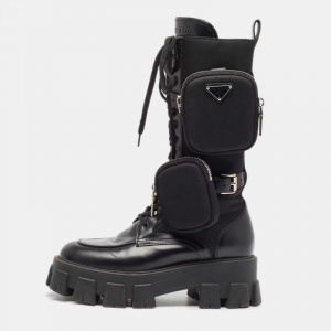 Prada Black Leather and Satin Monolith Mid Calf Boots Size 38