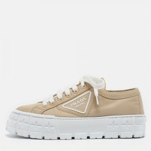 Pre Owned Prada Beige Nylon Gabardine Double Wheel Low Top Sneakers Size 37.5