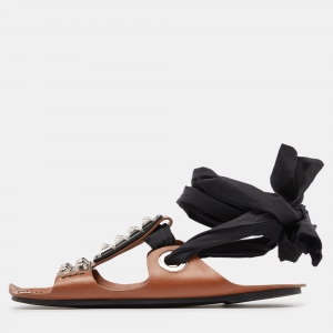 Prada Brown/Black Leather Studded Ribbon Flat Sandals Size 39