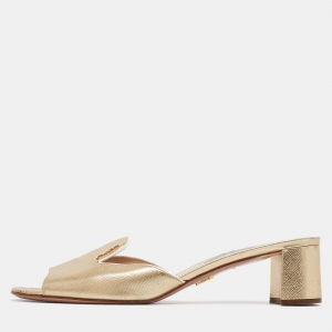 Pre Owned Prada Gold Saffiano Patent Leather Logo Slide Sandals Size 40