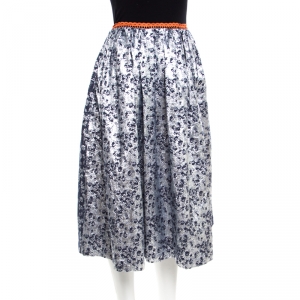 Preen by Thornton Bregazzi Silver and Navy Blue Floral Jacquard Midi Skirt S