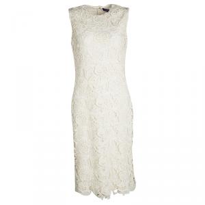 Pre Owned Ralph Lauren Cream Embroidered Lace Sleeveless Giordano Dress M