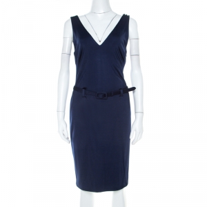 Pre Owned Ralph Lauren Navy Blue Stretch Knit Sleeveless Belted Sheath Dress M