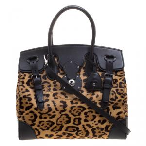 Pre Owned Ralph Lauren Black Leopard Print Calf Hair and Leather Ricky Tote