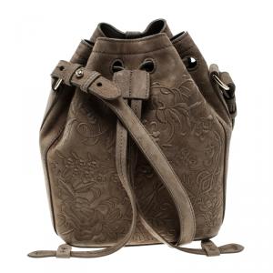 Pre Owned Ralph Lauren Taupe Embroidered Leather Small Drawstring Bucket Bag