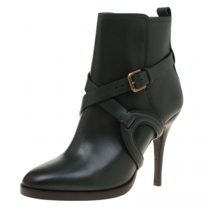 Pre Owned Ralph Lauren Green Leather Cross Strap Pointed Toe Ankle Boots Size 37