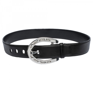 Ralph Lauren Black Leather Horseshoe Crystal Embellished Buckle Belt 95CM