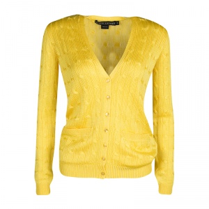 Pre Owned Ralph Lauren Yellow Silk Cable Knit Cardigan S